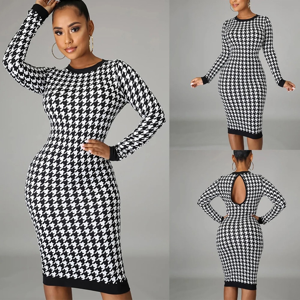 Houndstooth Print Long Sleeve Midi Dress Women 2023 Autumn Winter